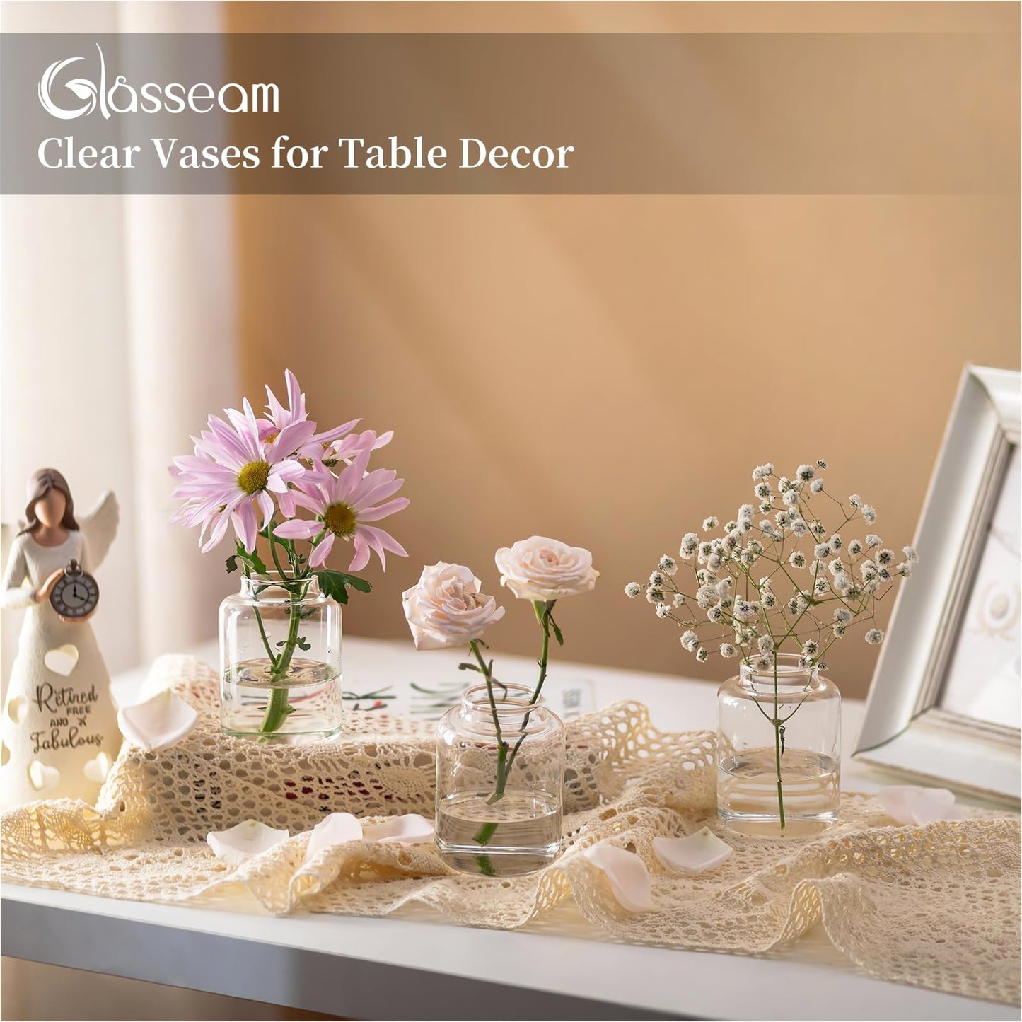 6 Pcs Glasseam Clear Glass Flower Vases Set for Home & Wedding Centrepiece Décor