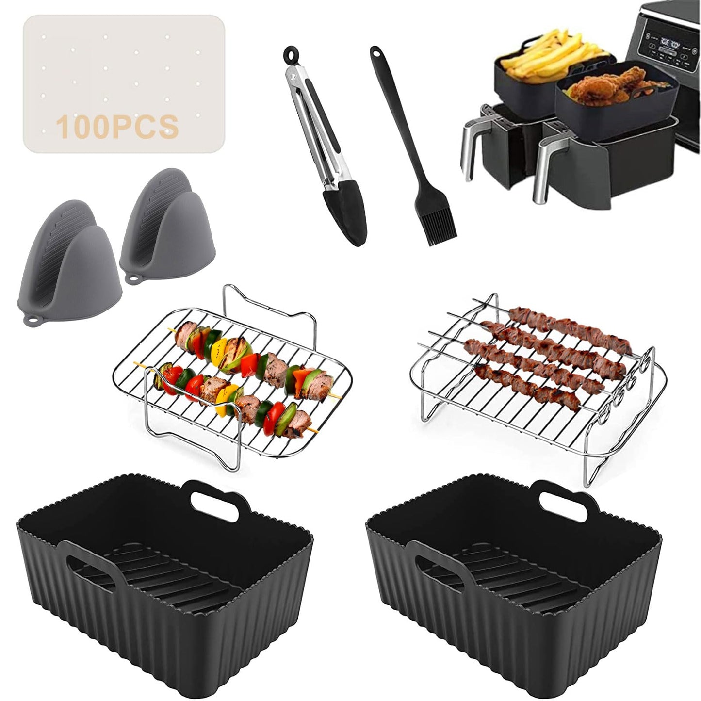 8pcs Silicone Air Fryer Liner Set for Ninja Dual AF300UK AF400UK - Oven & Microwave Safe