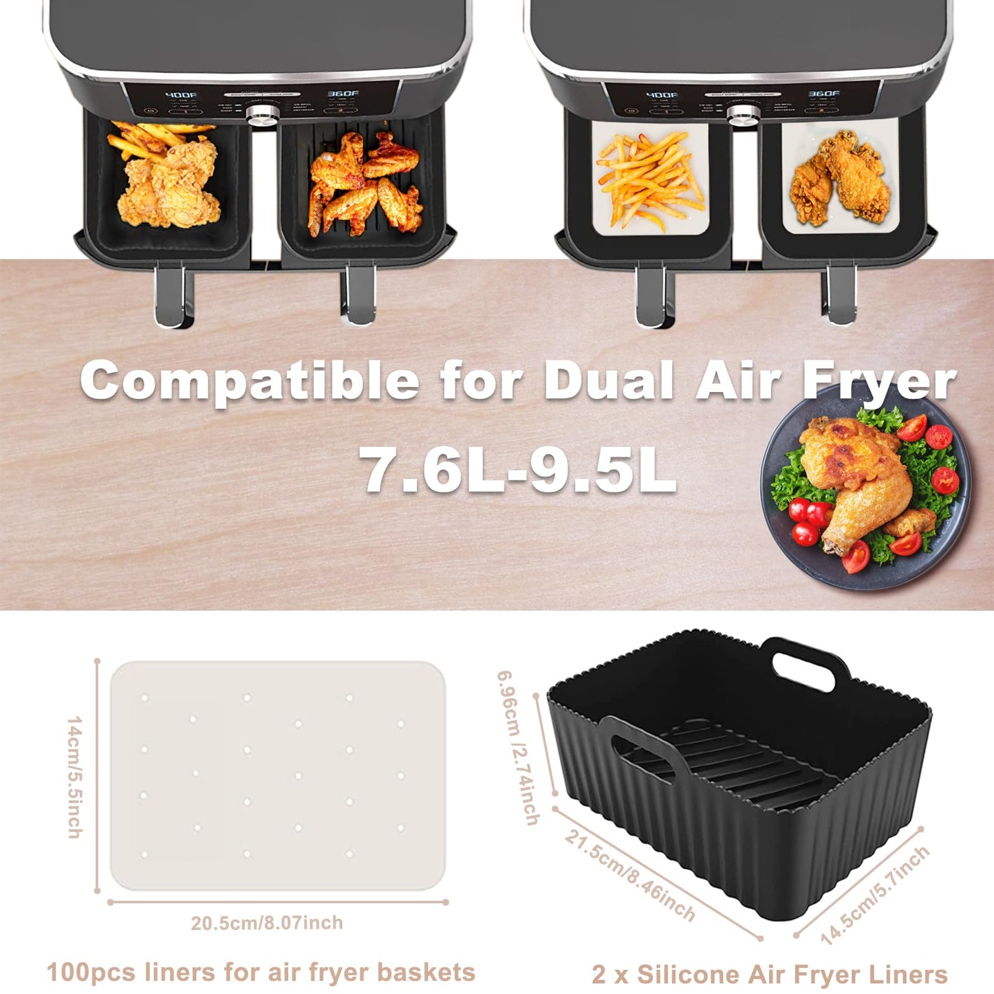 8pcs Silicone Air Fryer Liner Set for Ninja Dual AF300UK AF400UK - Oven & Microwave Safe