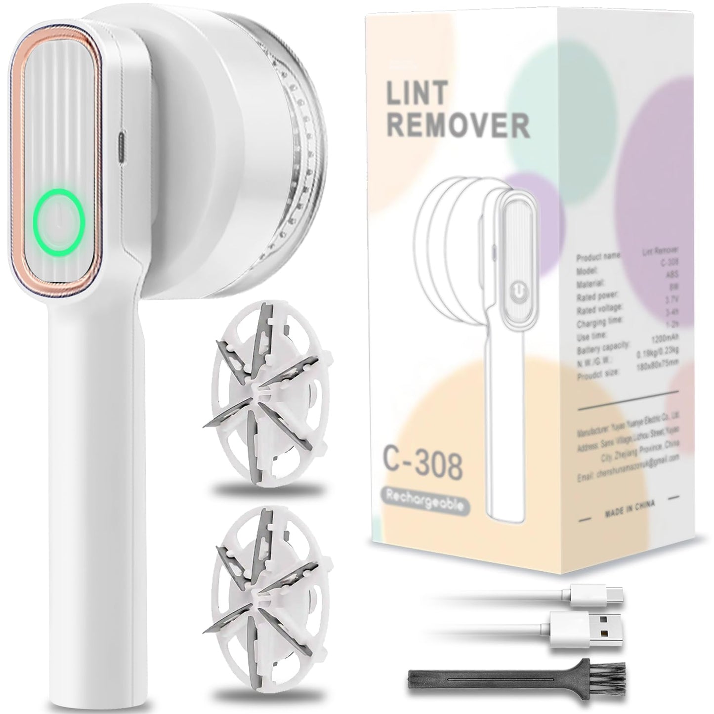Electric Lint Remover & Fabric Shaver - USB Rechargeable with 2 Replacement Heads