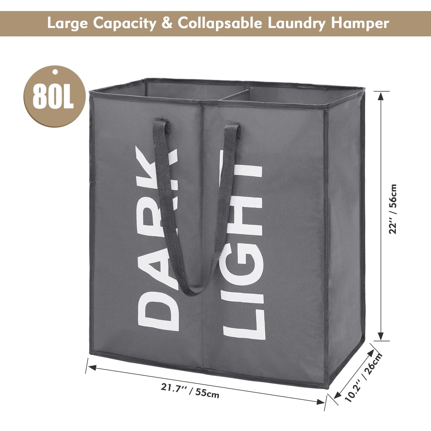 80L Large Collapsible Laundry Basket Bag with Dual Sections, Dark Grey Fabric for Bedroom Storage