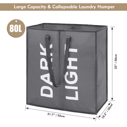 80L Large Collapsible Laundry Basket Bag with Dual Sections, Dark Grey Fabric for Bedroom Storage