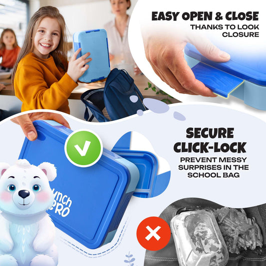 Leak-Proof Kids Bento Lunch Box - 5 Compartments with Cutlery - BPA Free - Unisex Design