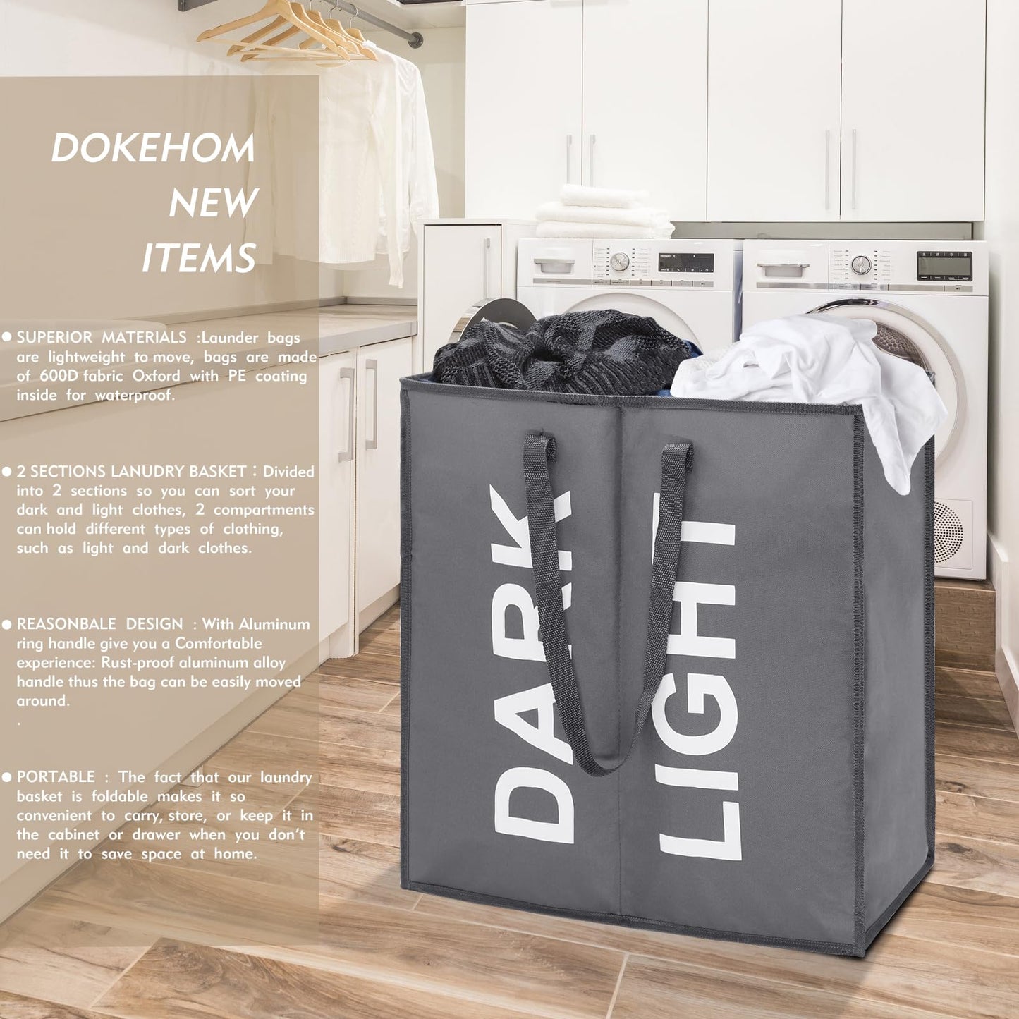 80L Large Collapsible Laundry Basket Bag with Dual Sections, Dark Grey Fabric for Bedroom Storage